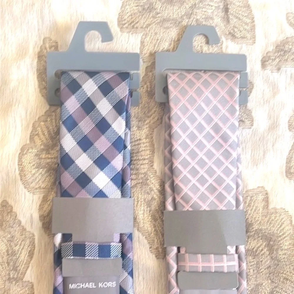 Brand New Michael Kors Set of 2 Ties Checkered Plaid Satin Sheen Business Office